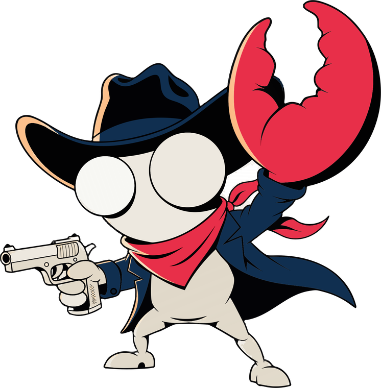 The pistol shrimp gunslinger in full, cowboy hat low, red bandana, tiny service pistol in his small claw and an enormous red claw raised