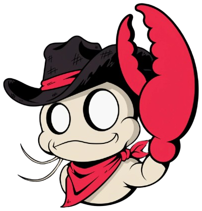 A blind pistol shrimp gunslinger in a black cowboy hat and red bandana, one enormous red claw raised and cocked