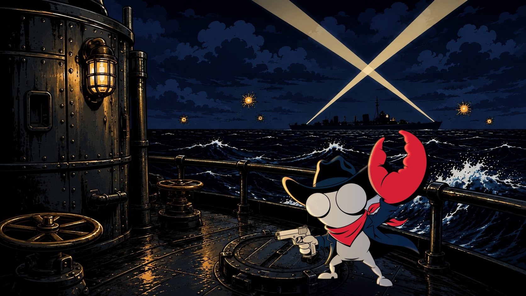 The blind pistol shrimp gunslinger standing on the deck of a surfaced submarine at night, tiny service pistol in his small claw, enormous red claw raised, searchlights crossing the sky and an enemy destroyer on the horizon